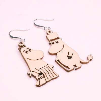 Coruu Moominmamma and -pappa earrings, wood veneer